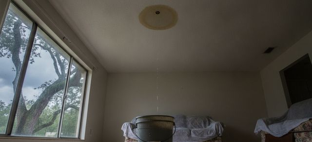 A brown water stain on a living room ceiling dripping into a bucket