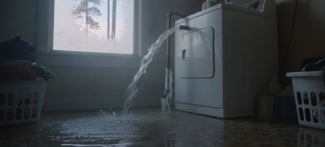 A burst supply pipe spraying water across a laundry room floor