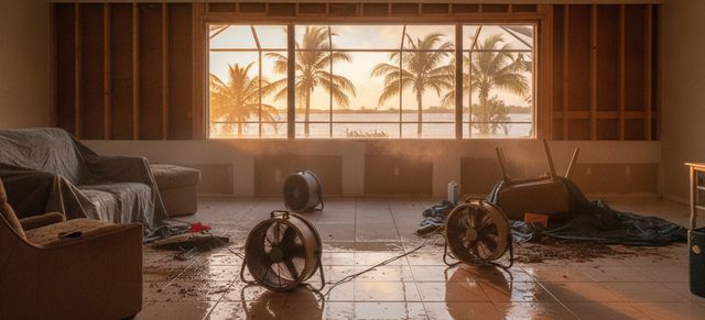 Drying fans on a wet tile floor in a Florida home with the lower walls cut open